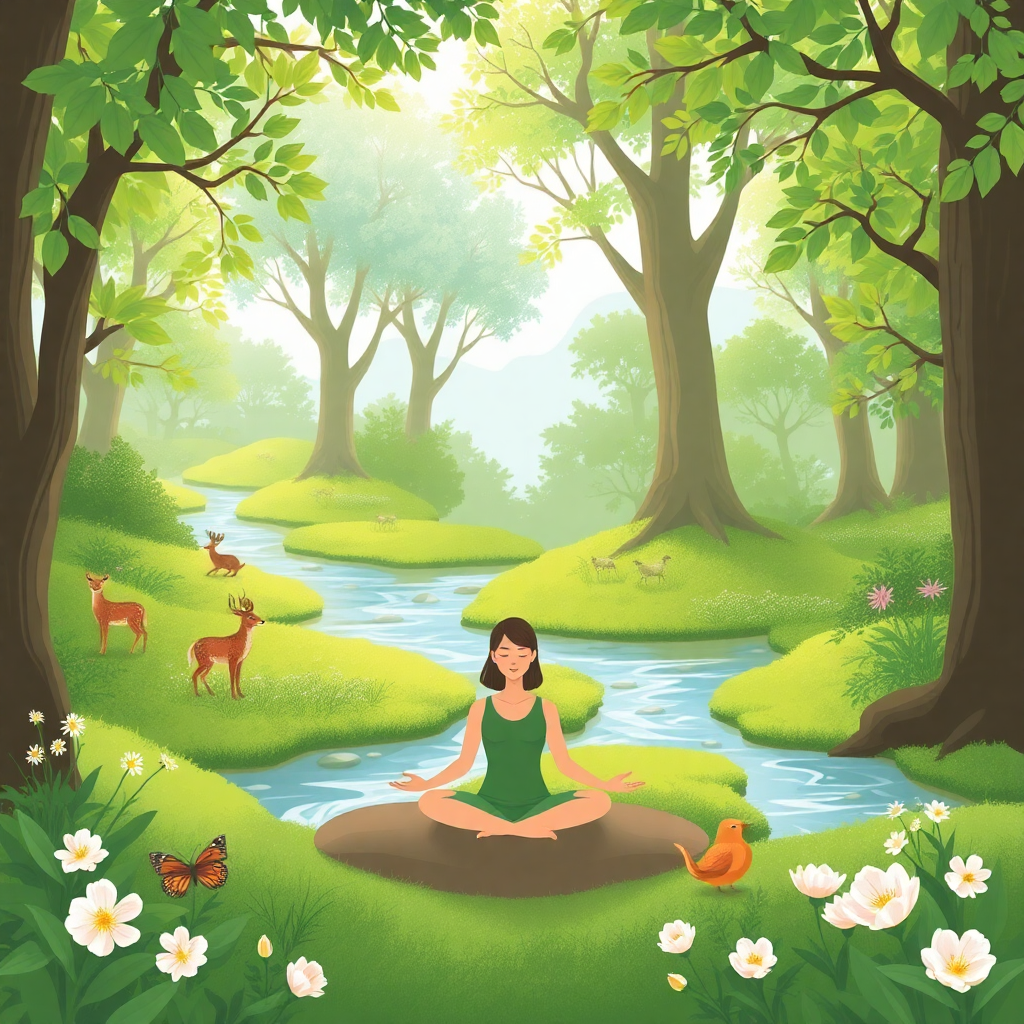 A young girl meditating peacefully in nature, sitting cross-legged on grass surrounded by lush green trees and sunlight filtering through the branches