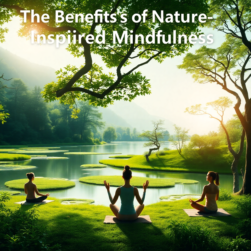 A person standing in a peaceful meadow surrounded by wildflowers, tall green trees, and mountains under a golden sunset, symbolizing the calming and restorative effects of nature-inspired mindfulness