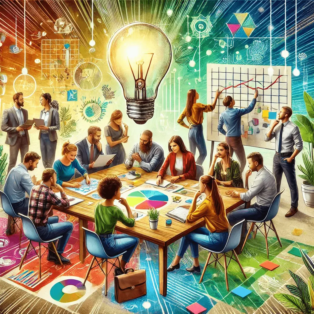 A diverse group of people brainstorming and collaborating around a table, surrounded by charts, notebooks, and colorful sticky notes, with a glowing light bulb symbolizing innovation above them