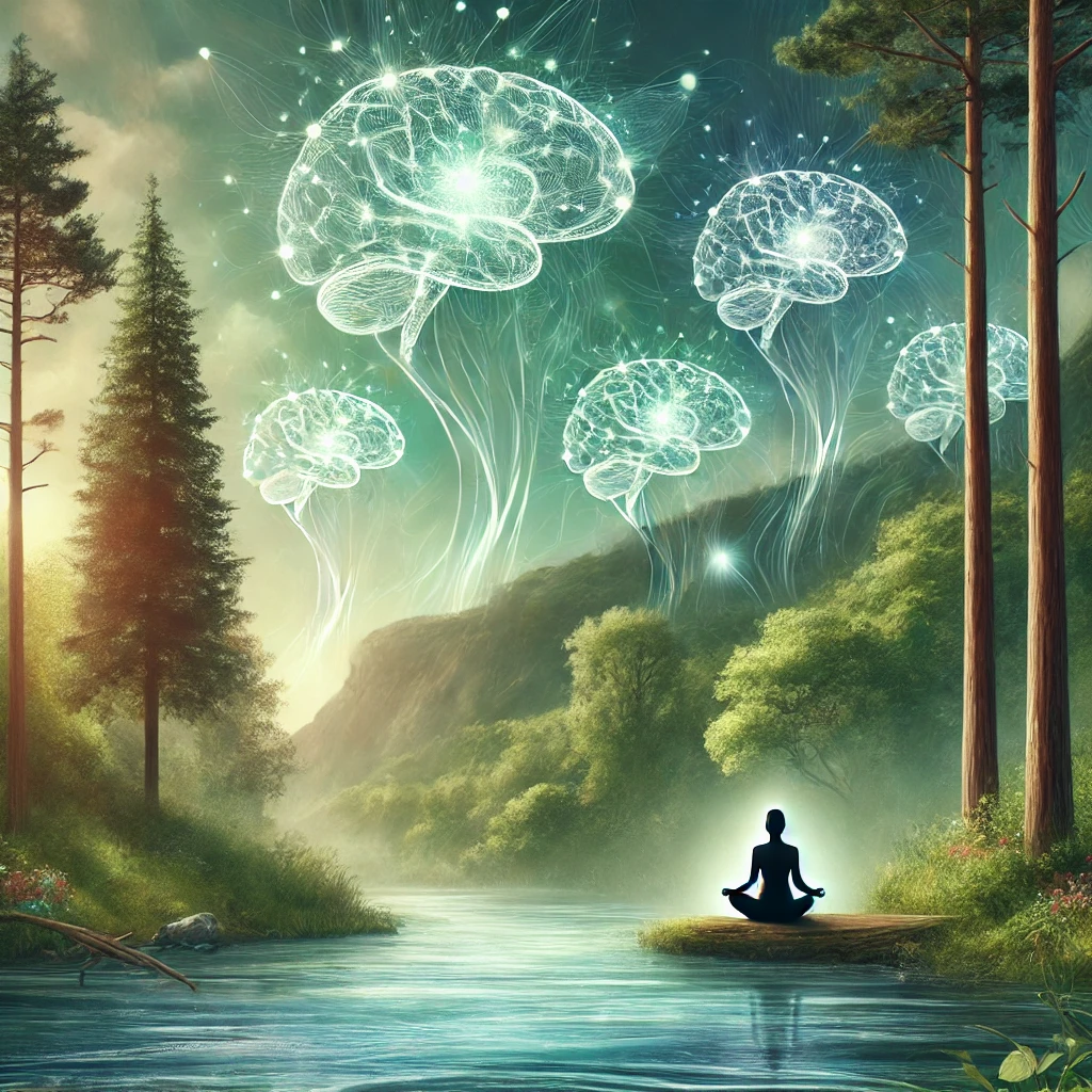 A serene landscape with a person meditating near a river, surrounded by trees, and ethereal brain waves representing the science behind mindfulness
