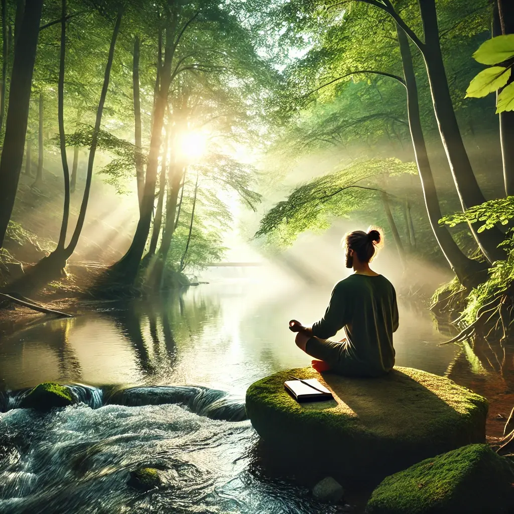 A person sitting cross-legged on a rock near a calm river, surrounded by lush green trees and sunlight filtering through the leaves, symbolizing mindfulness and problem-solving