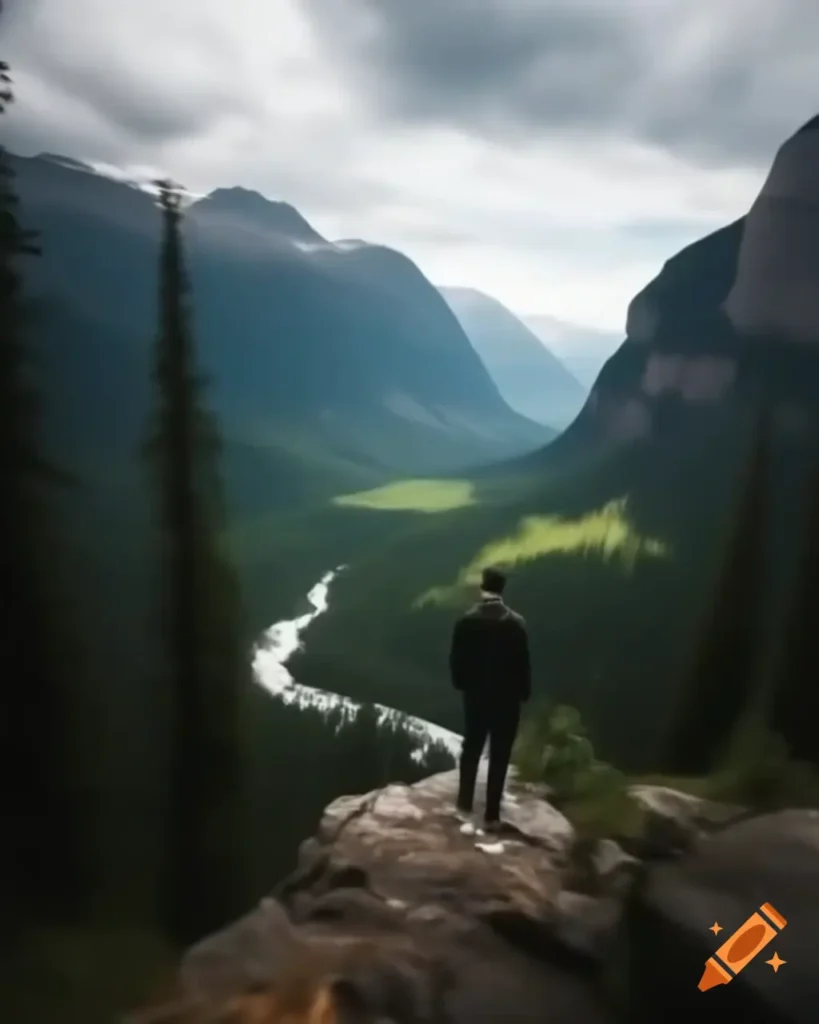 Man meditating on a stone in the middle of a river surrounded by forest trees during evening time
