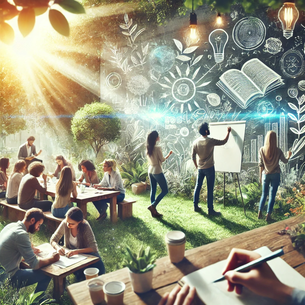A diverse group of individuals brainstorming outdoors in a natural setting, surrounded by greenery and sunlight, using notebooks, sketches, and a whiteboard to symbolize collaboration and creative thinking