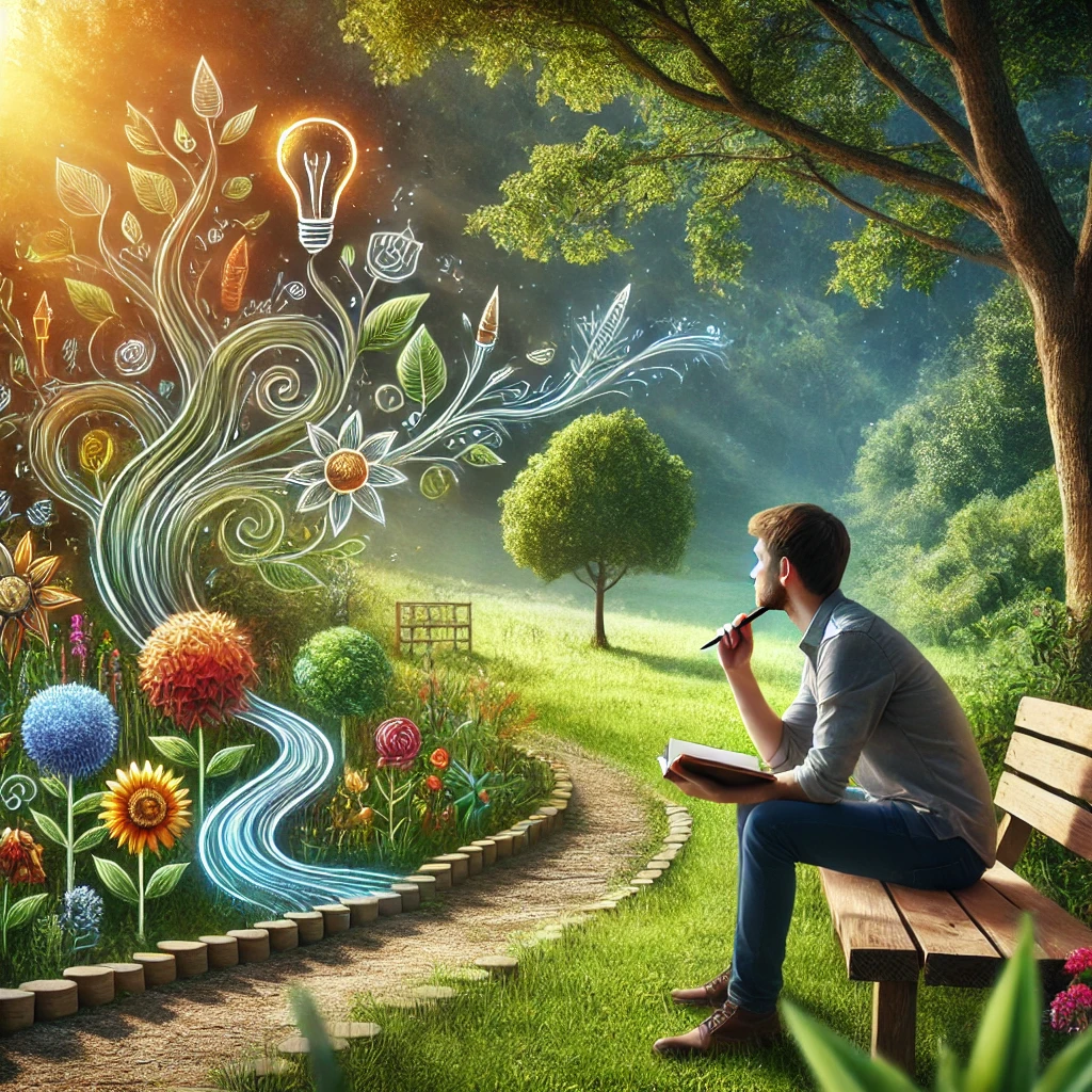 An individual sitting on a wooden bench in a peaceful park, holding a notebook and pen, surrounded by lush greenery, colorful flowers, and a winding path, symbolizing mindfulness and problem-solving