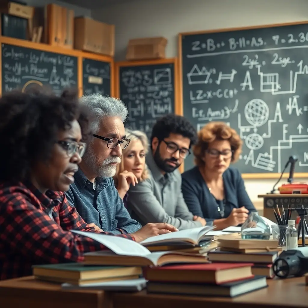 A group of diverse individuals in a classroom setting, seated at a table with books, discussing and brainstorming ideas. The background features chalkboards filled with equations and diagrams, symbolizing problem-solving and intellectual collaboration
