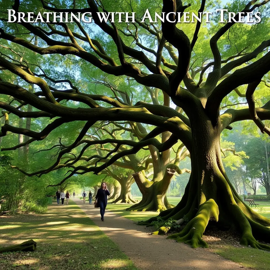 A peaceful moment of mindfulness while breathing deeply among ancient trees in a forest.