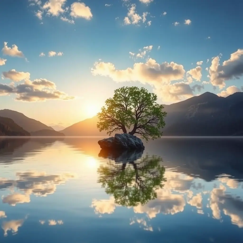 A large tree by a lake, with the sun casting its reflection onto the water