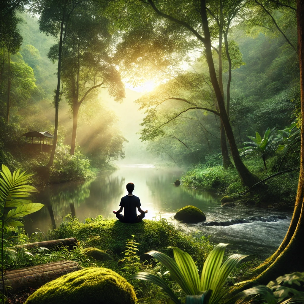 A person practicing mindful breathing in a serene natural landscape, surrounded by lush trees and a calm river with soft sunlight filtering through