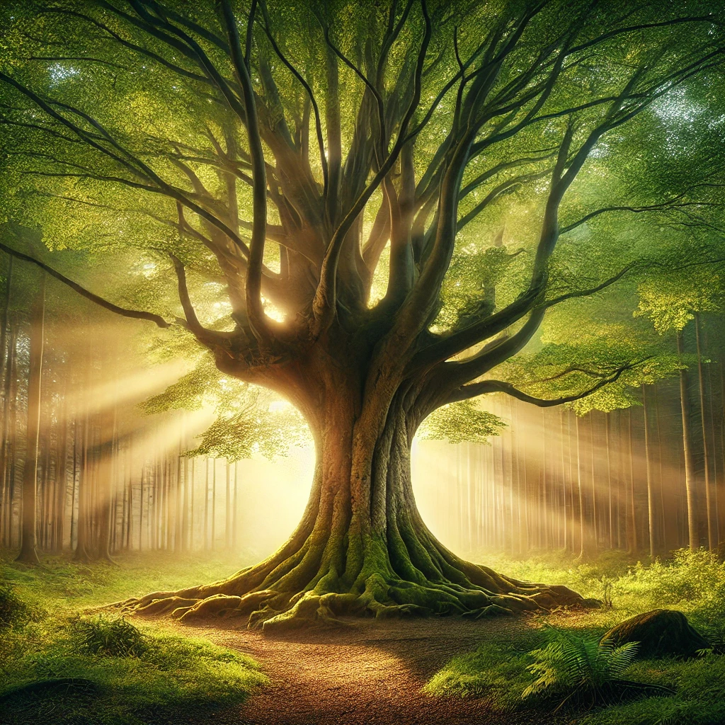 An ancient tree with a twisted trunk and lush green canopy, standing in the middle of a peaceful landscape