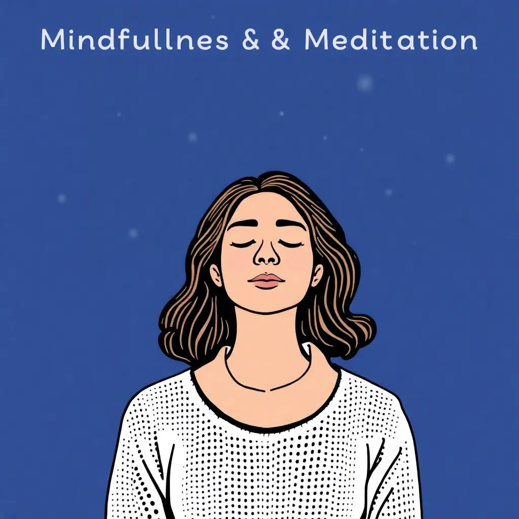 A woman taking a deep, calming breath as part of a meditation practice, promoting relaxation and mindfulness