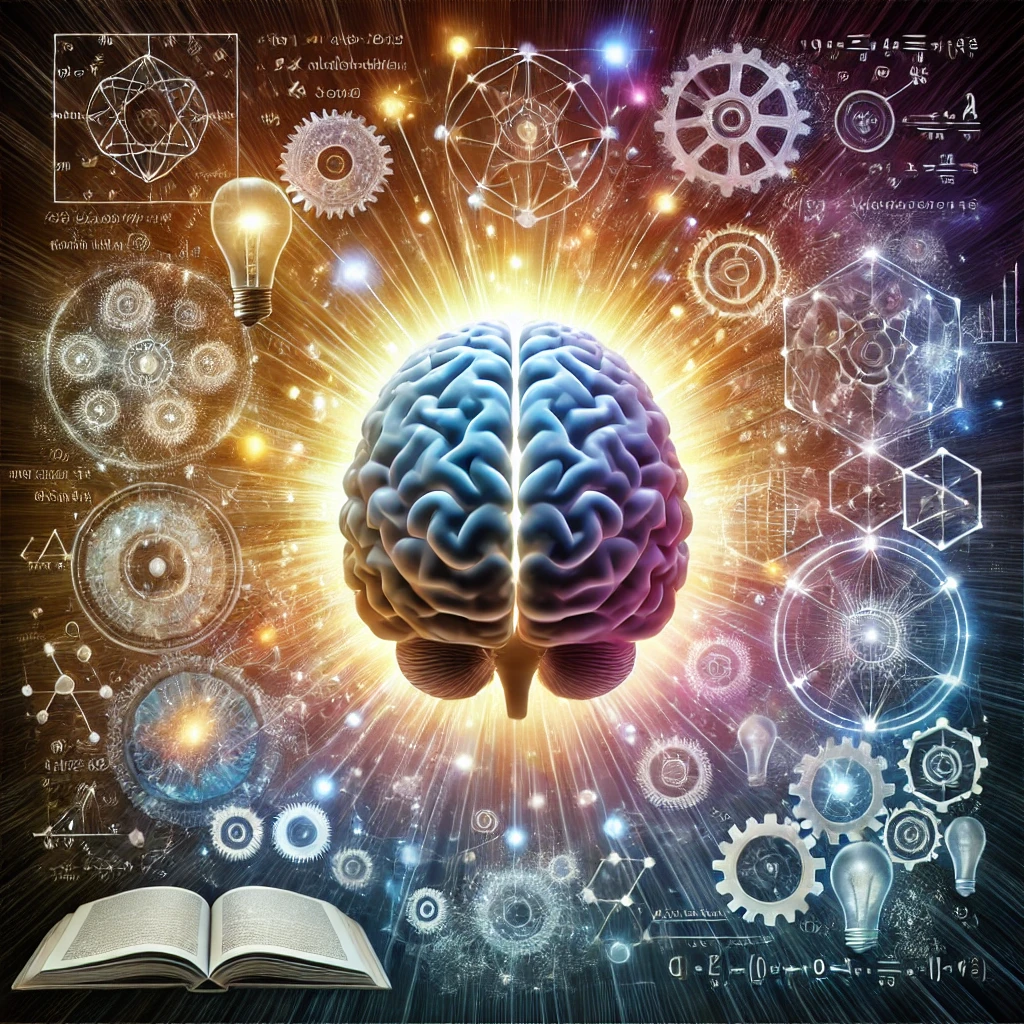 Digital artwork showcasing a human brain surrounded by symbolic elements representing the cornerstones of a brilliant mind