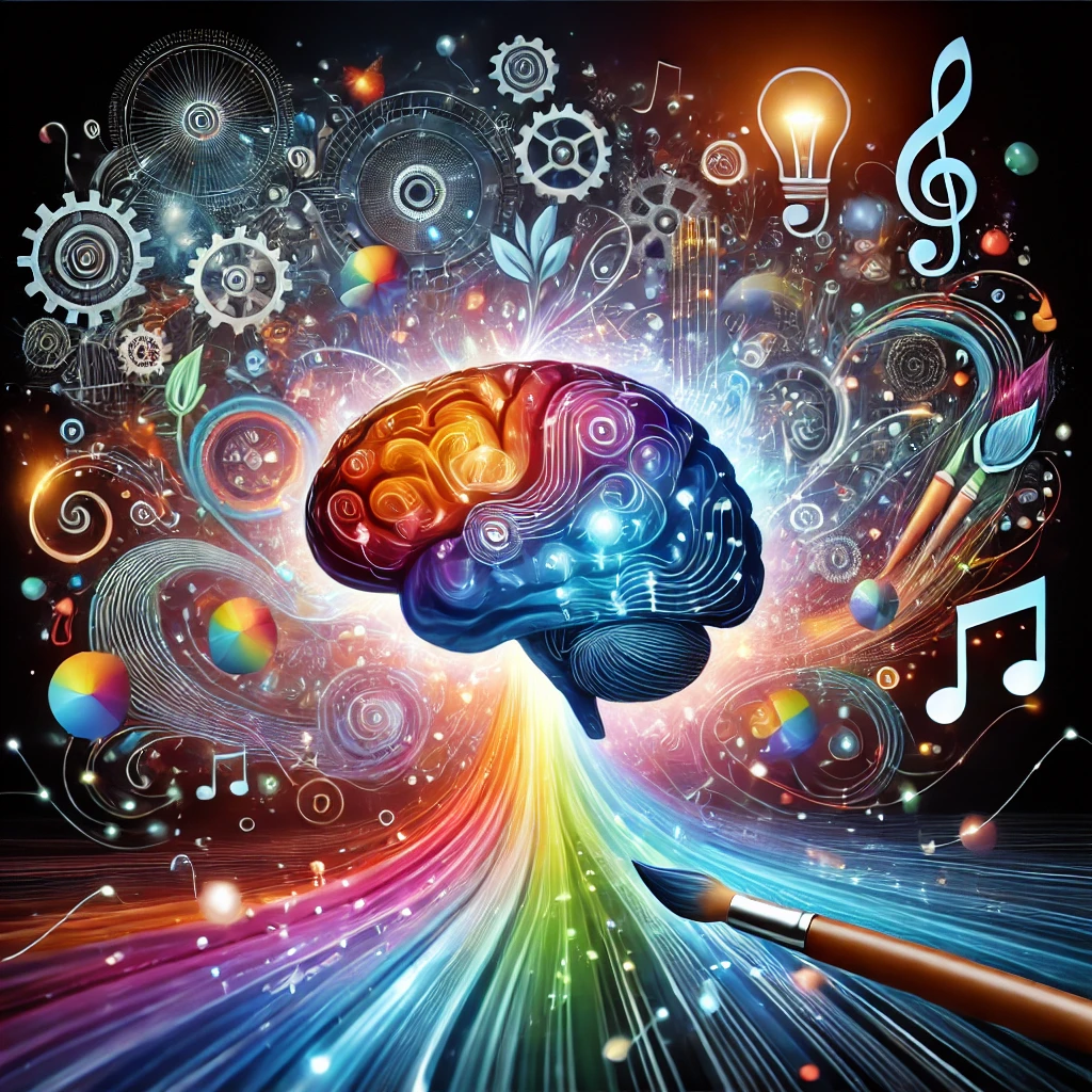 Digital artwork symbolizing creativity in genius, featuring a vibrant human brain at the center