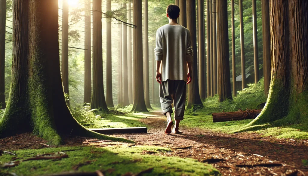 A person walking between tall trees, surrounded by lush greenery, evoking a sense of peace and connection with nature