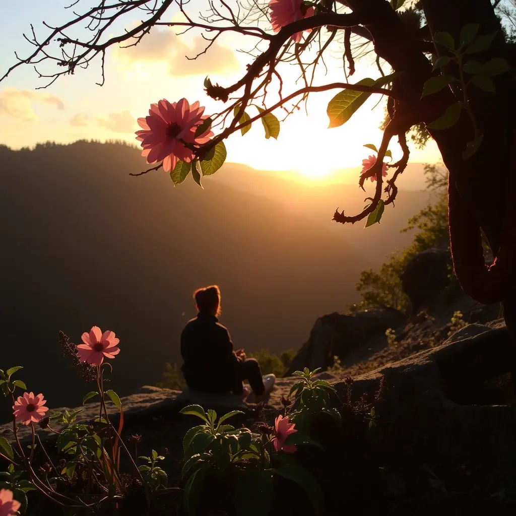 A young girl watching the sunset in a forest