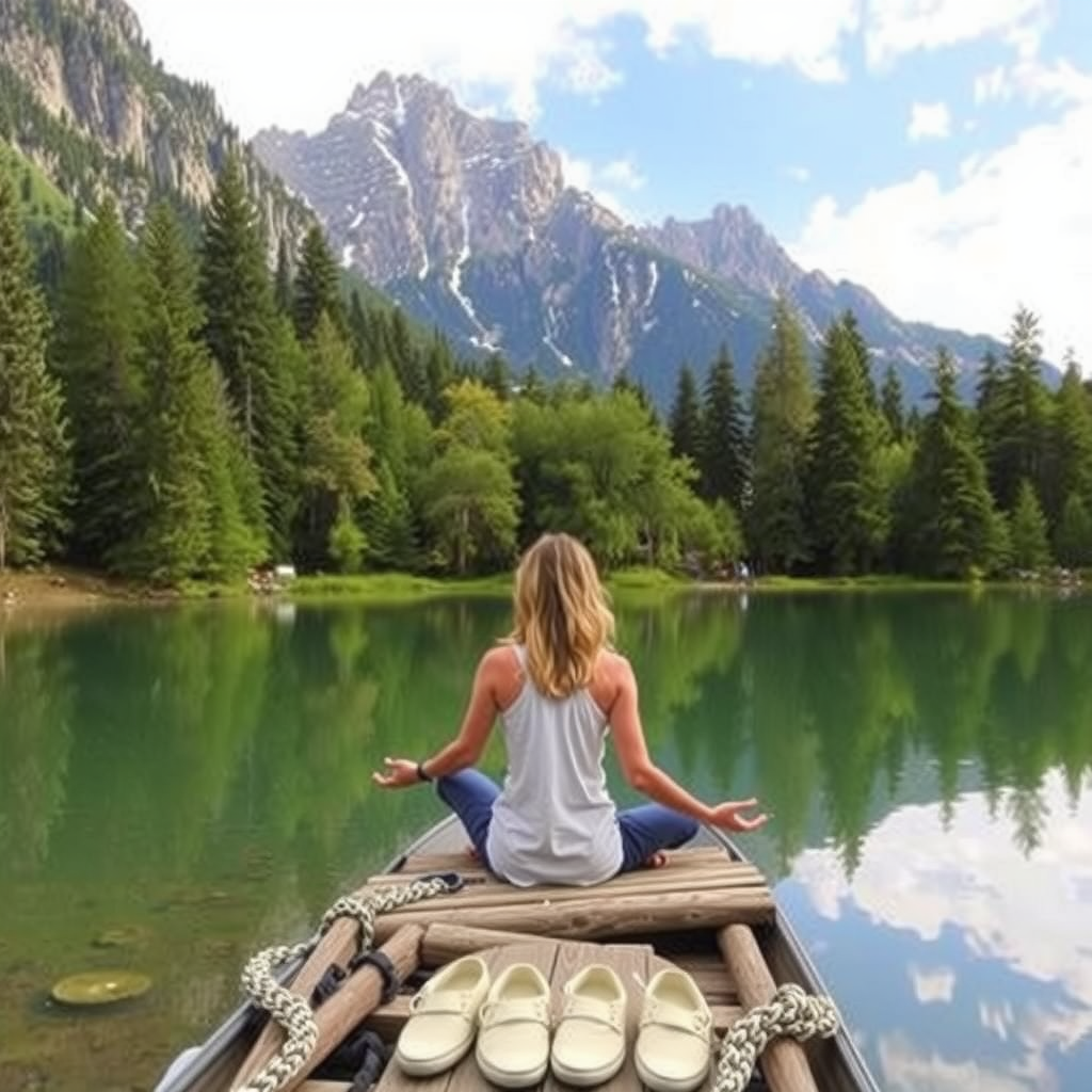 Meditation in nature by a river with snowy mountains in the background