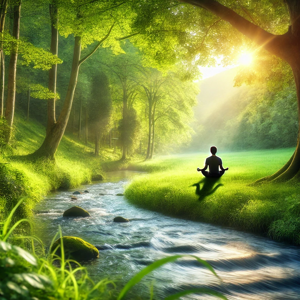 A person meditating by a peaceful river in a serene natural landscape, reflecting tranquility and calmness