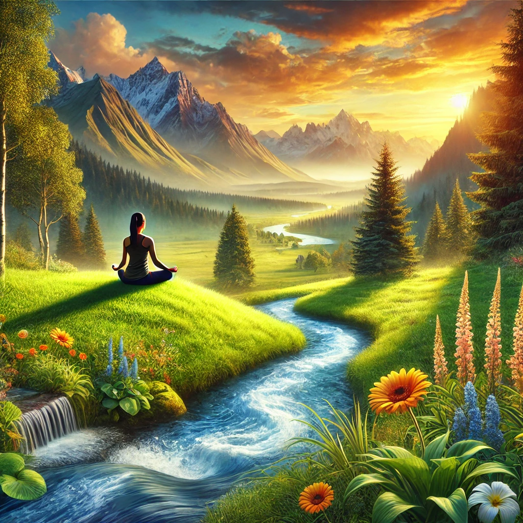 A person meditating on a grassy hilltop surrounded by lush greenery, a flowing river, and vibrant wildflowers, with snow-capped mountains in the background under a golden sunset sky