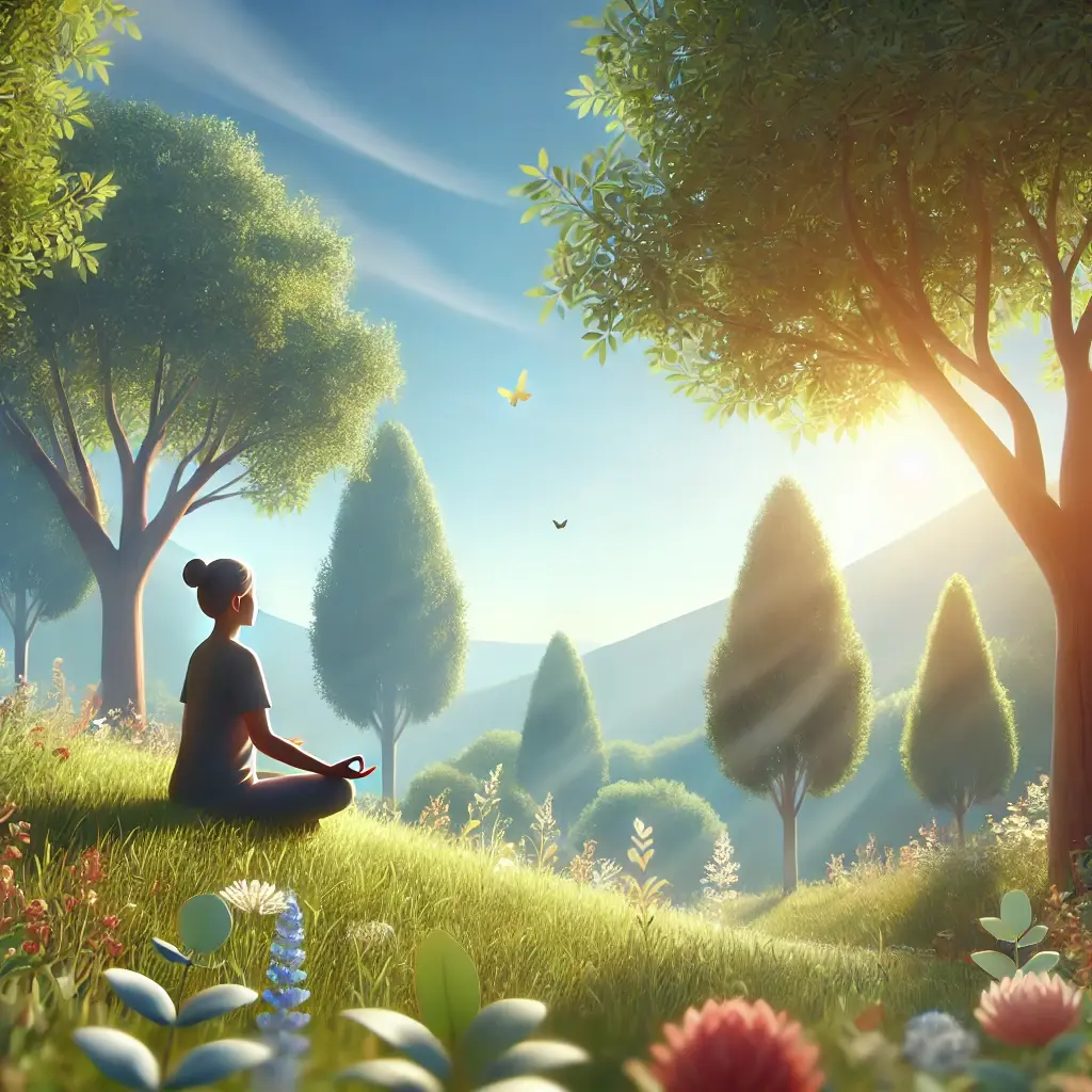 A person practicing mindfulness in nature, sitting on a grassy hill surrounded by trees