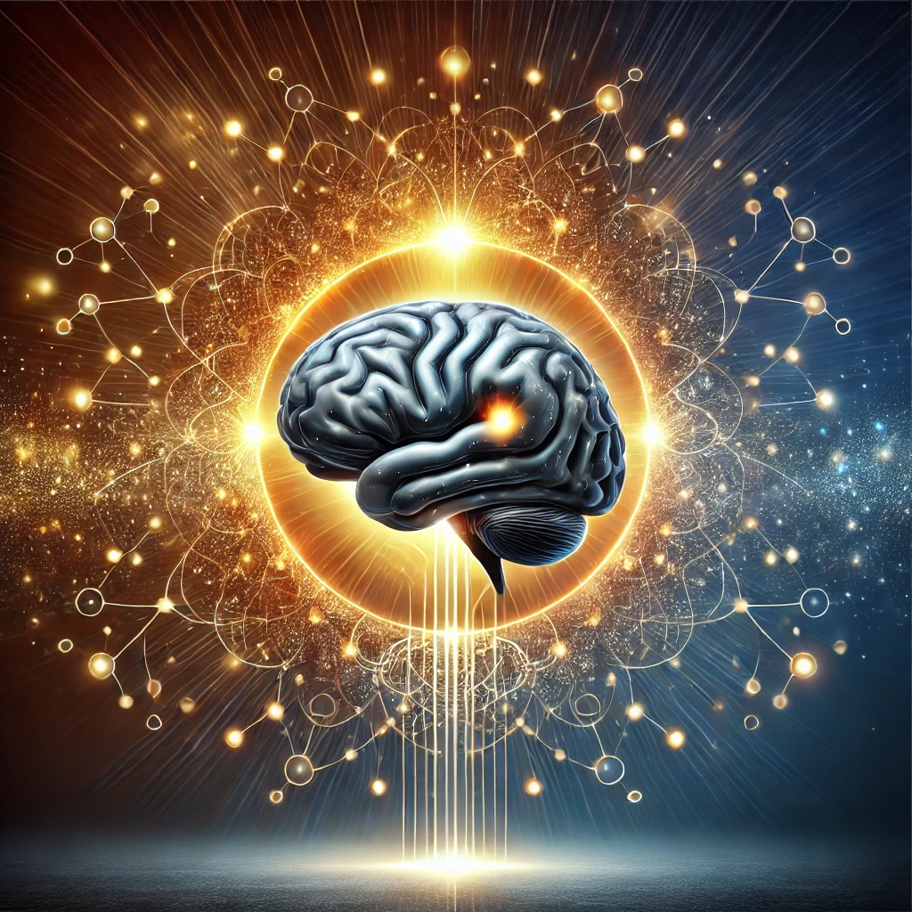Glowing human brain surrounded by a radiant halo, symbolizing brilliance and intelligence