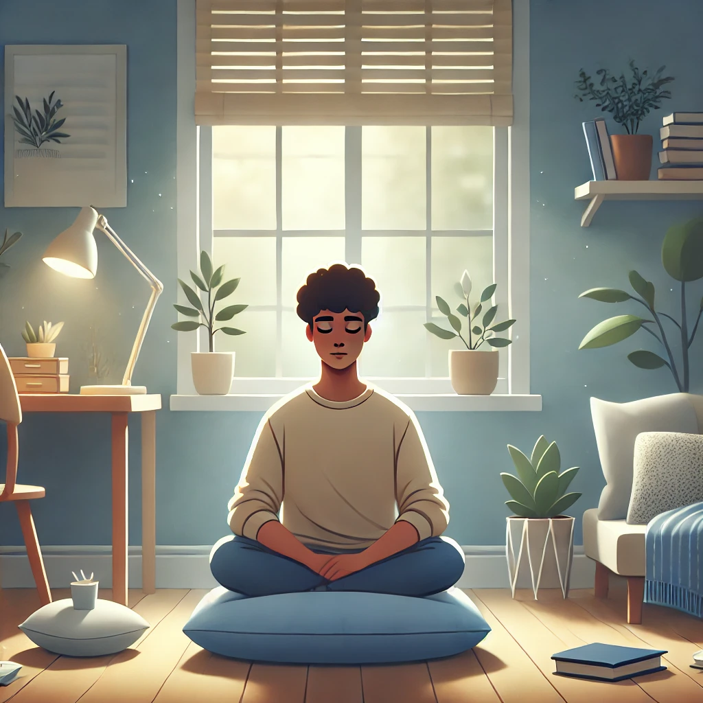 A serene and calming academic space, symbolizing mindfulness and tranquility amidst stress.