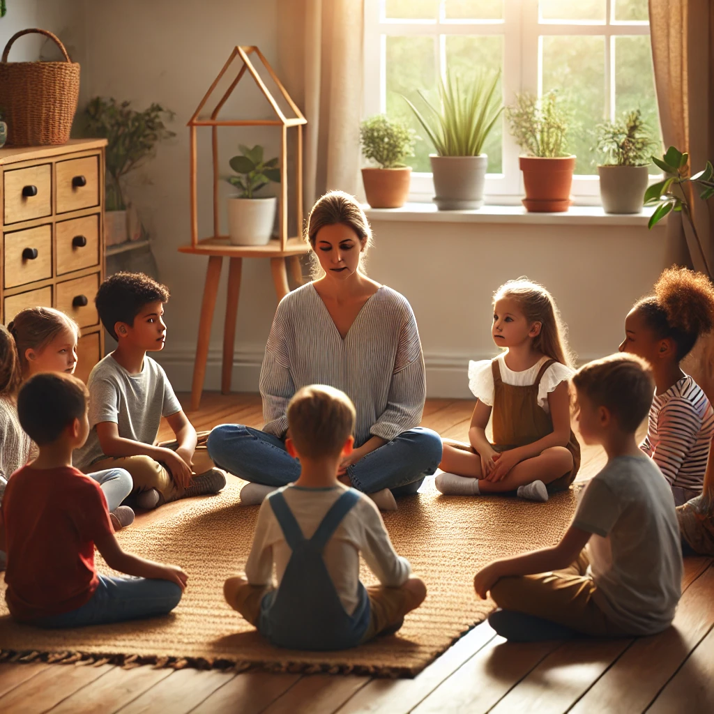 A diverse group of young students practicing mindfulness with their teacher in a calm and inviting classroom.