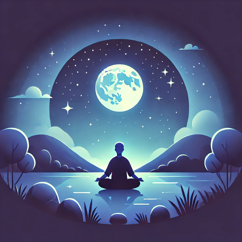 Person meditating under a starry night sky with a soft moonlight glow, symbolizing tranquility and mindfulness.