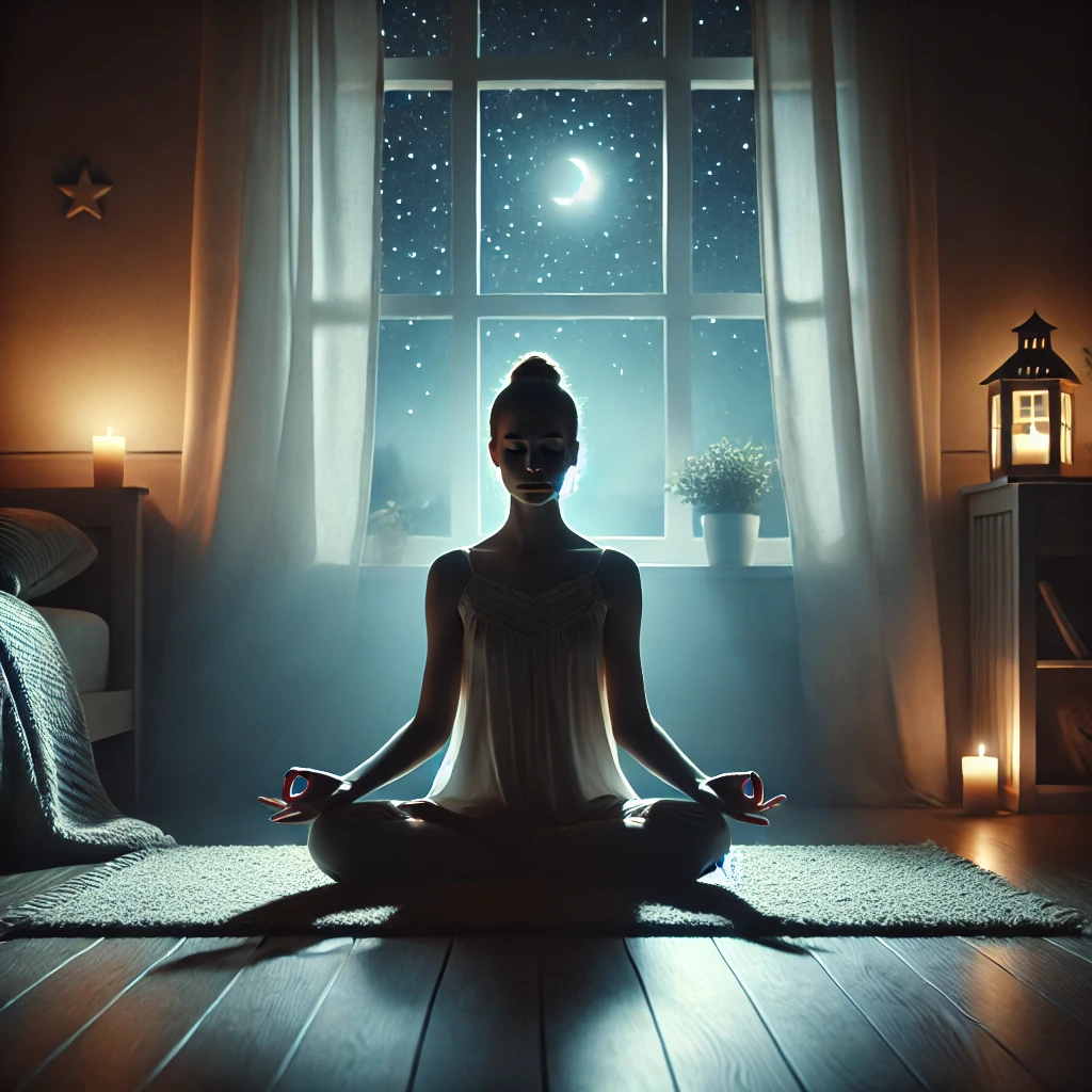 Person meditating in a dimly lit room at night, embodying tranquility and peace.