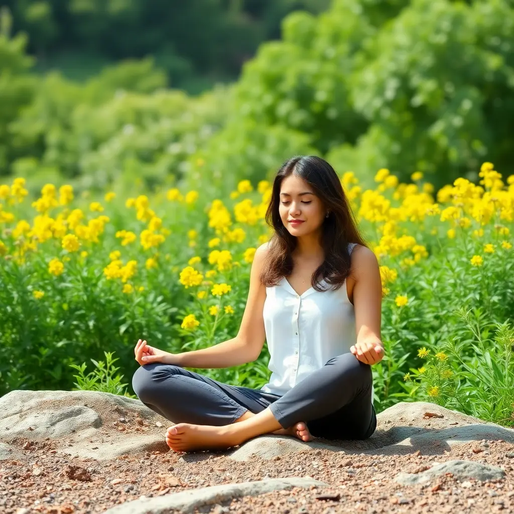 A woman meditating peacefully in nature, surrounded by serene landscapes
