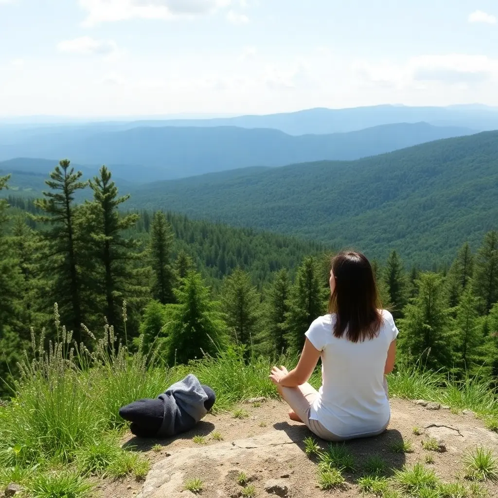 A woman meditating peacefully in nature, surrounded by serene landscapes