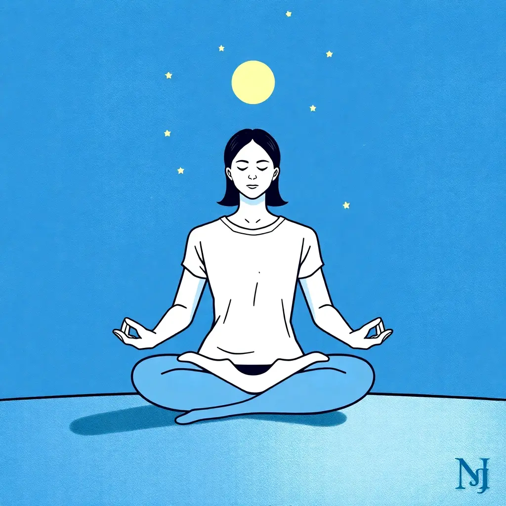 This tranquil landscape captures the essence of mindfulness under the night sky. With the peaceful glow of countless stars above, a person sits in meditation, finding calm and stillness in the vastness of the universe. The serene environment promotes reflection, relaxation, and a sense of connection to the greater cosmos