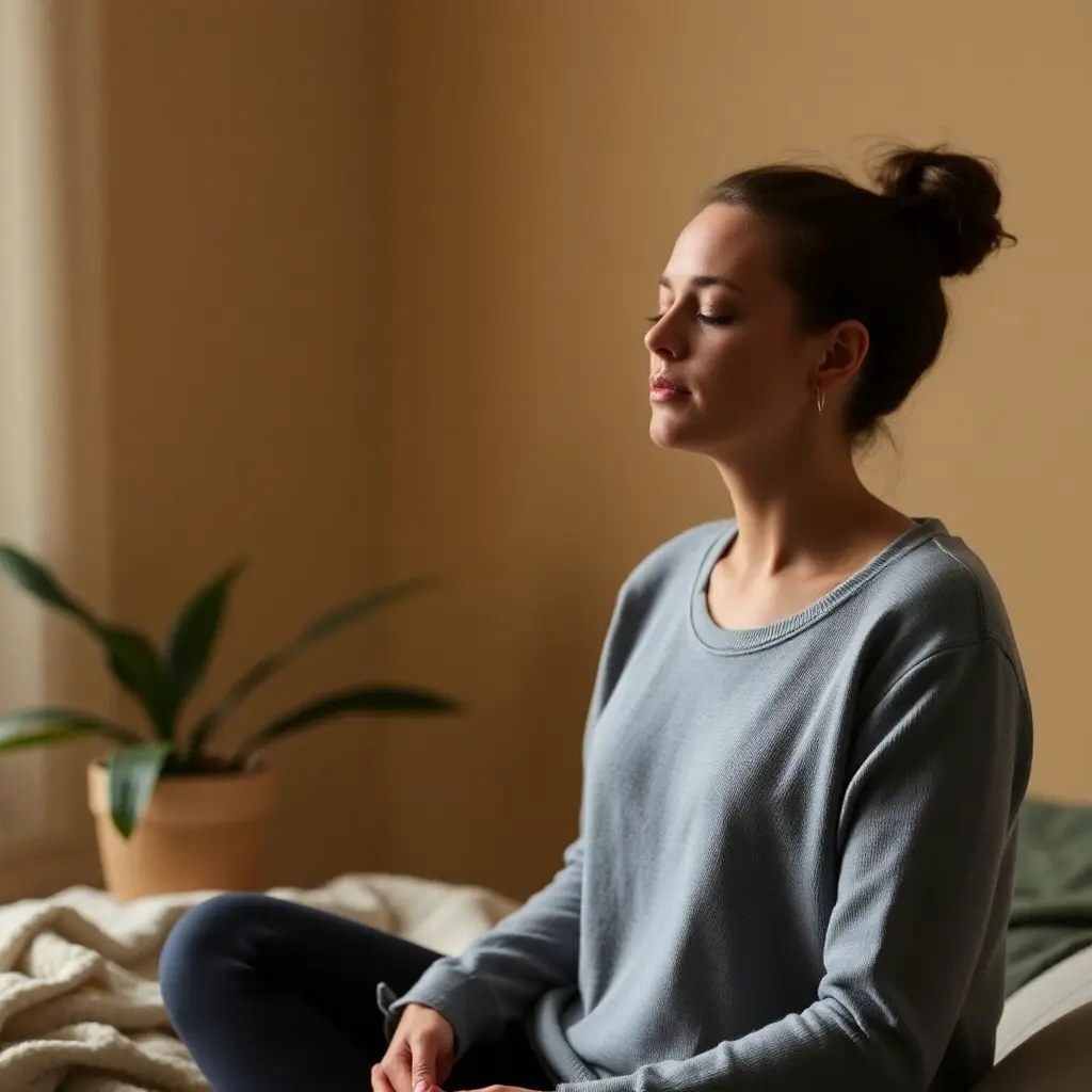 A woman practicing meditation on her bed before sleep, creating a peaceful and mindful bedtime routine
