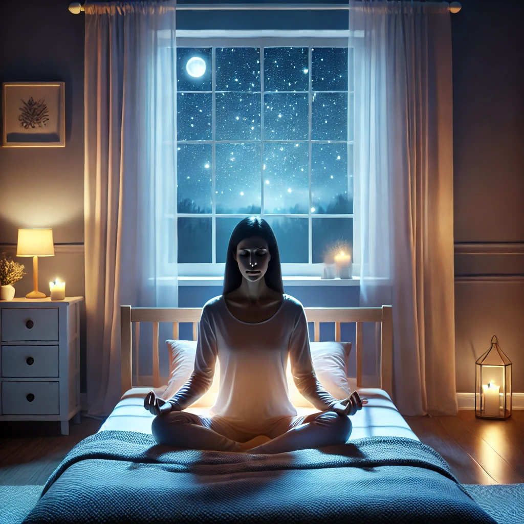 Serene and peaceful setting for mindfulness at bedtime, with soft lighting and calming atmosphere