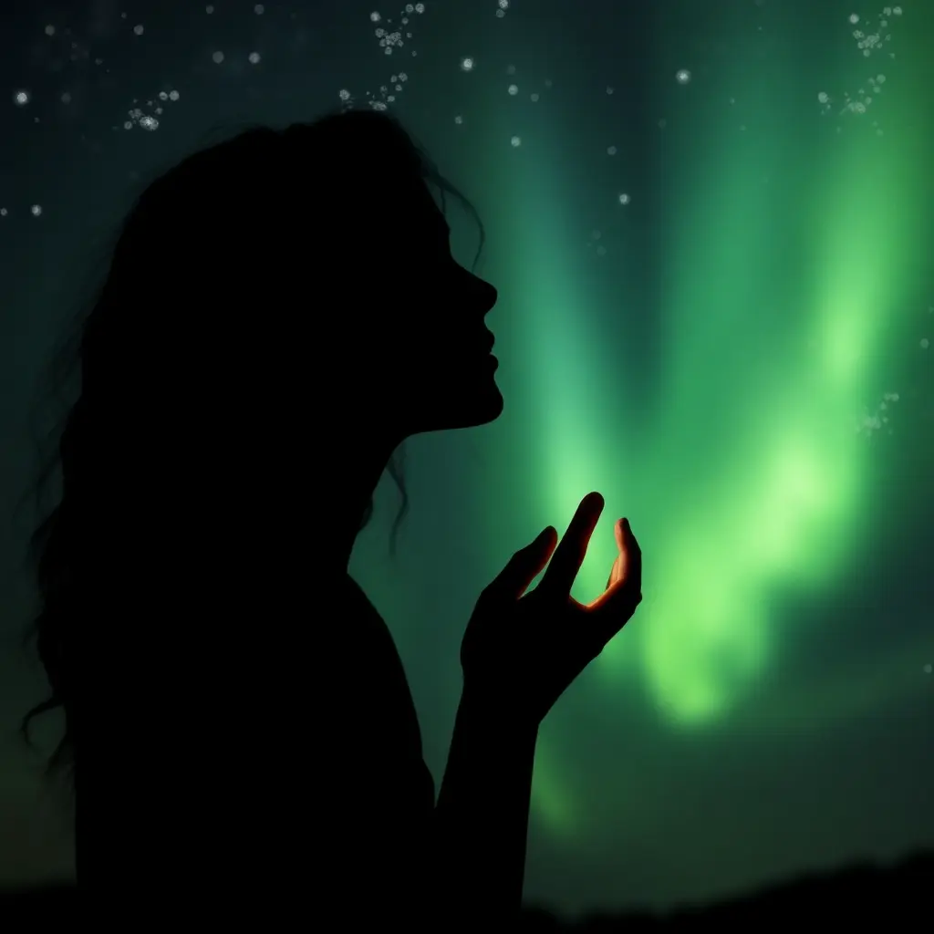Woman meditating with a starry sky and natural light in the background