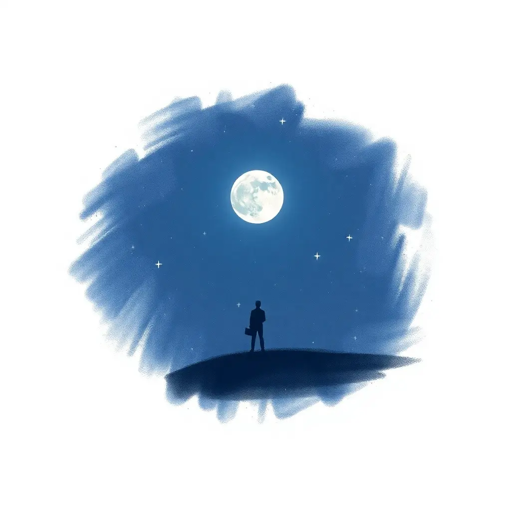 A man standing on top of a mountain under a full moon