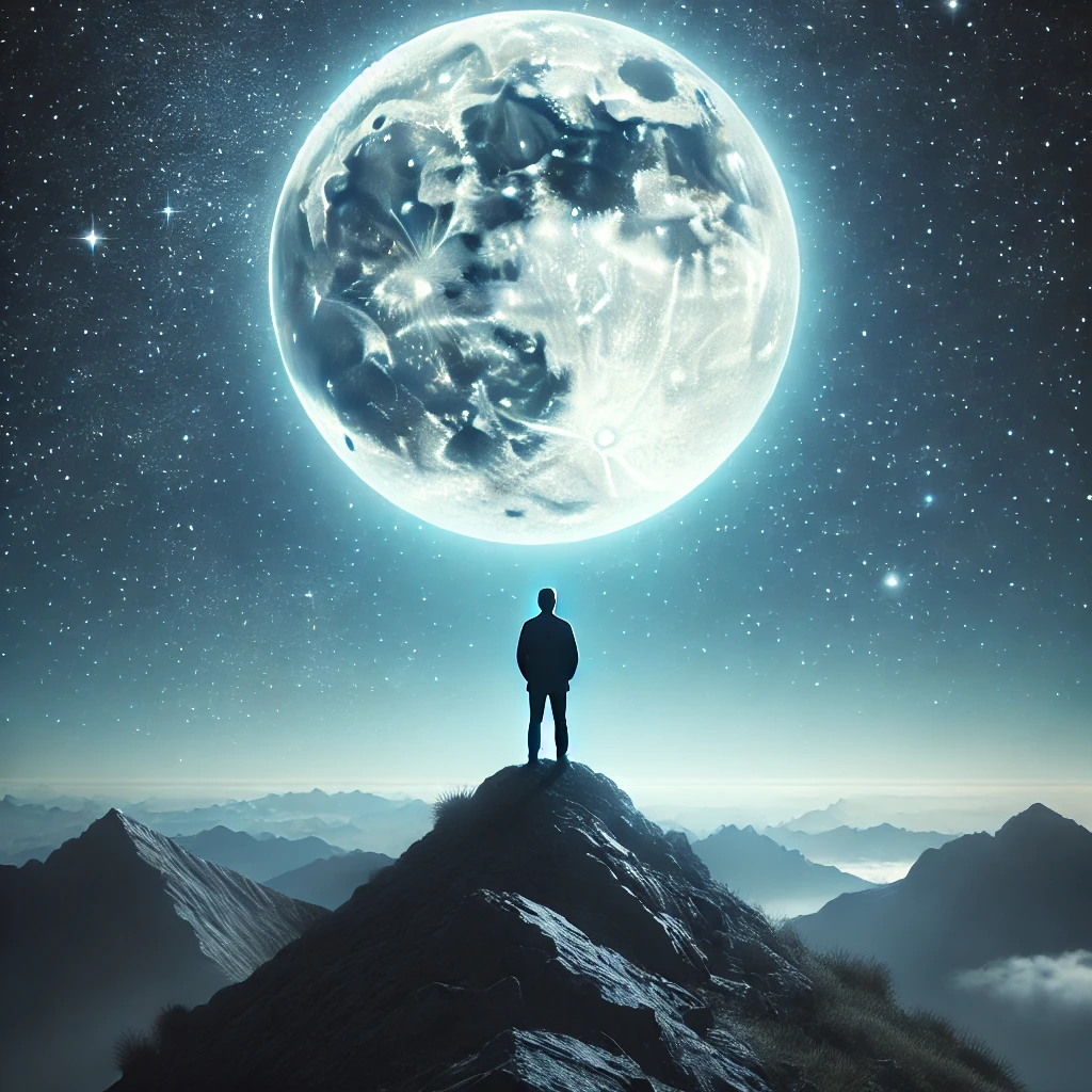 A man standing on top of a mountain under a full moon, gazing at the serene, starry sky.