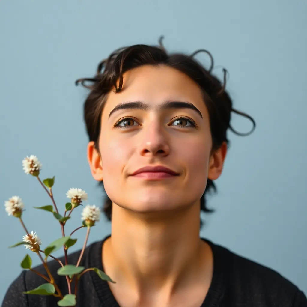 A young man smiling while holding a branch of flowers.