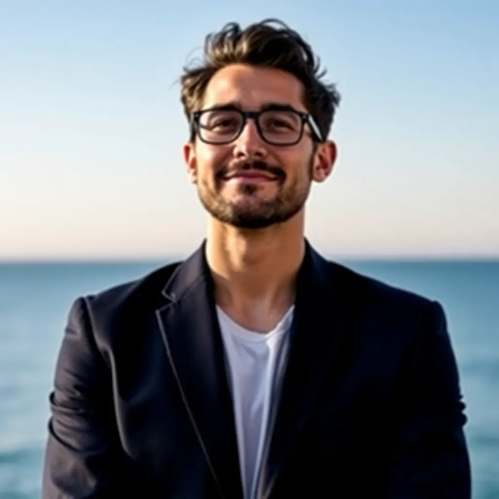 A smiling man with a relaxed and serene expression