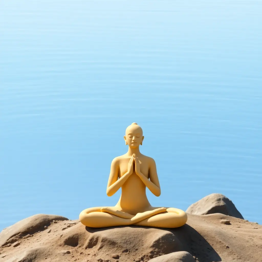 A man meditating atop a sand dune, surrounded by vast desert landscapes