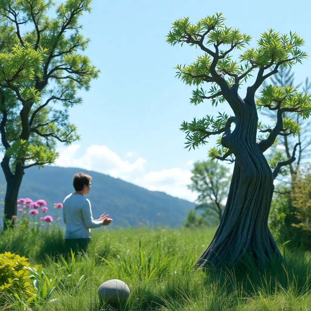 A man observing a well-rooted tree in the midst of nature, symbolizing strength and connection to the earth