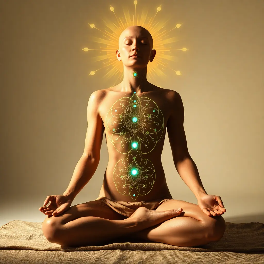 An illustration of a man meditating, with energy flows emanating from his head, symbolizing deep concentration