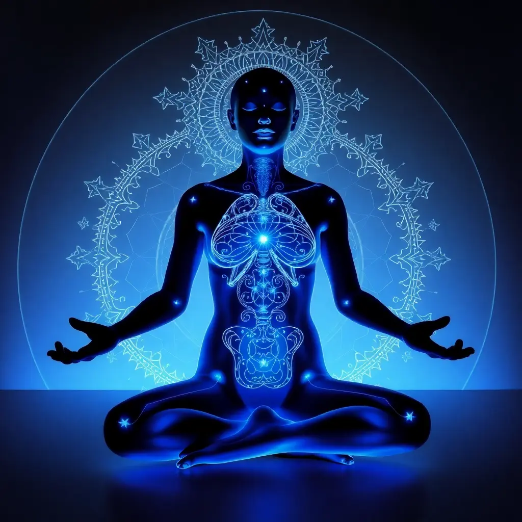 An illustration of a man meditating, with visual representations of various energy points on his body