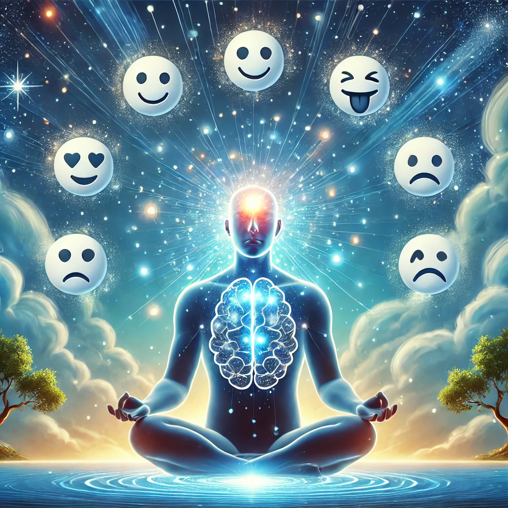 A person meditating with a glowing brain, surrounded by floating emotion icons, symbolizing mindfulness and emotional awareness, with a serene natural background