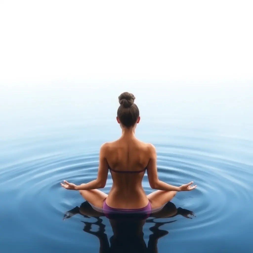 A girl meditating in the middle of a serene lake surrounded by nature