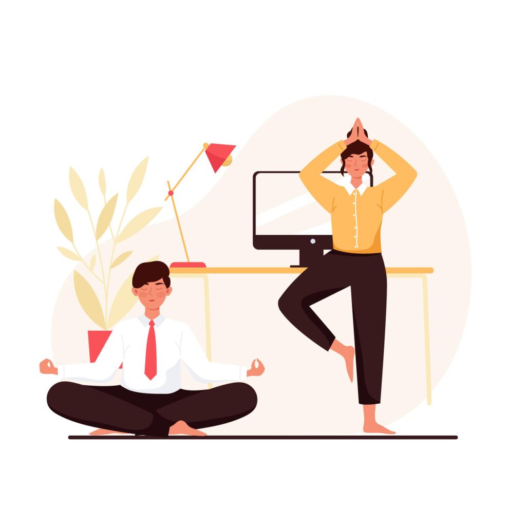 An illustration of a man and a woman meditating in front of their desks at work.