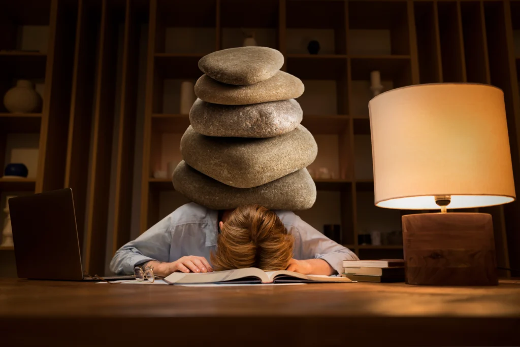 A man leaning on his desk with several large stones placed on his head, in a posture of concentration or challenge