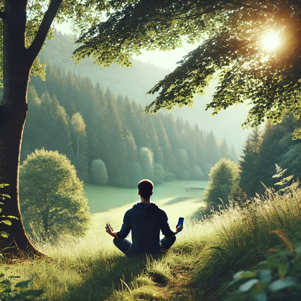 A person meditating in nature, enjoying a moment of calm away from technology