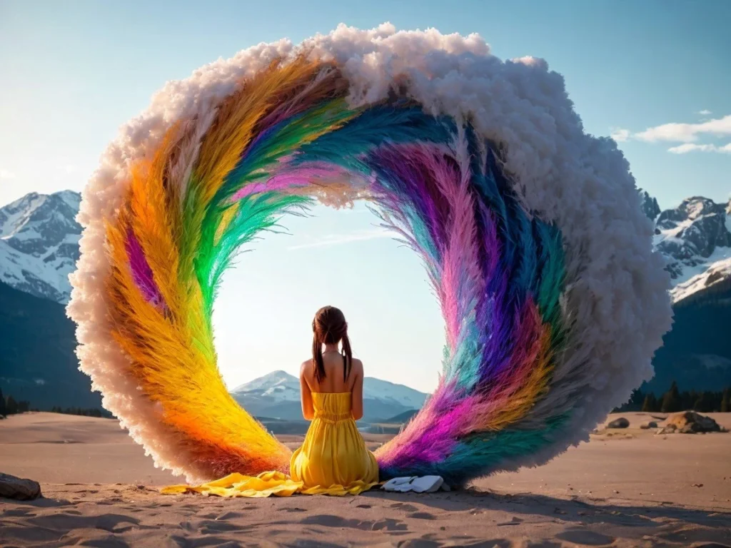 Illustration of a girl standing at the top of a snowy mountain, surrounded by majestic landscapes.
