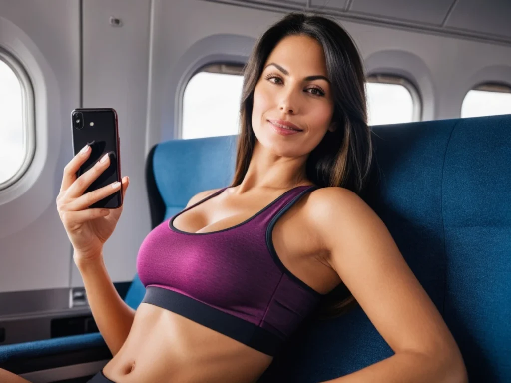 A woman in an airplane looking at her phone to follow a digital detox