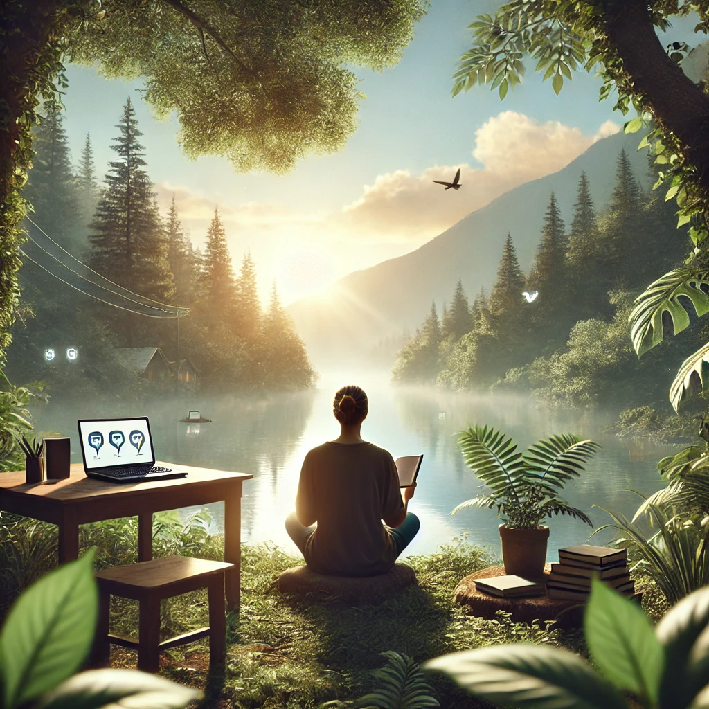 Man meditating in nature with a laptop open beside him