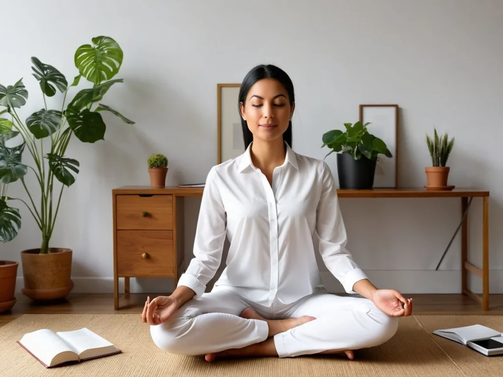 Woman at home in deep meditation